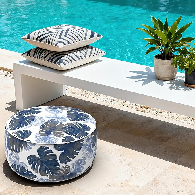 LVTXIII Indoor/Outdoor Inflatable Ottoman with Handle D21 x H9 Inch, Weather-Resistant Round Footstool Pouf for Patio Camping Living Room, Portable Footrest Extra Seating, Big Leaves