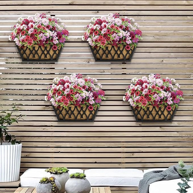 4 Pack 16 Inch Window Boxes Planters Railing Planter Box with Coco Liners Deck Railing Planter Boxes Balcony Hanging Flower Box for Outdoor Plants Garden Decor