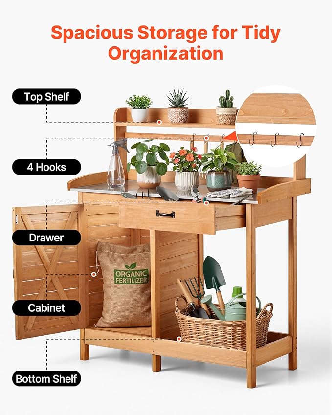 VEVOR Potting Bench Table, 3-in-1 Outdoor Gardening Wooden Workstation with 44 x 19 in Galvanized Iron Tabletop, Garden Work Station with Drawer, Storage Cabinet & Shelves, Hooks for Patio, Backyard