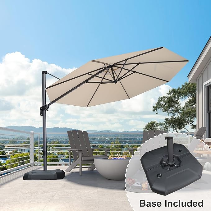 PURPLE LEAF 11 Feet Patio Umbrella with Base Outdoor Cantilever Round Umbrella Aluminum Offset Umbrella with 360-degree Rotation for Garden Deck Pool Patio, Beige