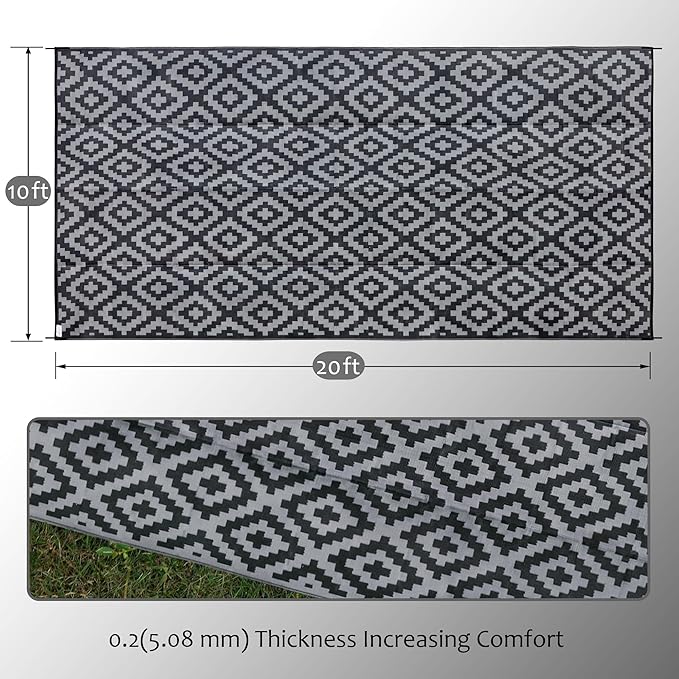 SAND MINE Waterproof Outdoor Rug 10x20 ft, Plastic Reversible Rug, Modern Area Rug, Large Floor Mat for Outdoors, RV, Patio, Backyard, Deck, Picnic, Beach, Camping