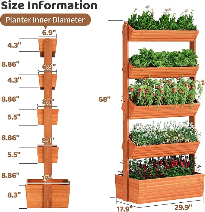 FILWH Wooden Raised Garden Bed Vertical Planter Box, Freestanding Plant Stand for Indoor Outdoor Plants, Herbs, Flowers, Vegetables, Gardening (Reddish Brown, 5-Tier，29.9 x 17.9 x 68in)