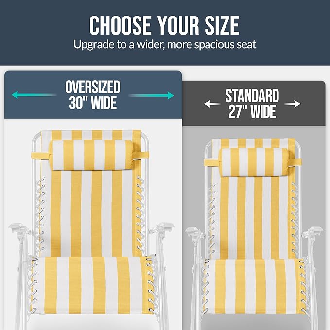 Best Choice Products Set of 2 Extra Wide Adjustable Steel Mesh Zero Gravity Lounge Chair Recliners w/Pillows and Cup Holder Trays - Marigold Stripes/White