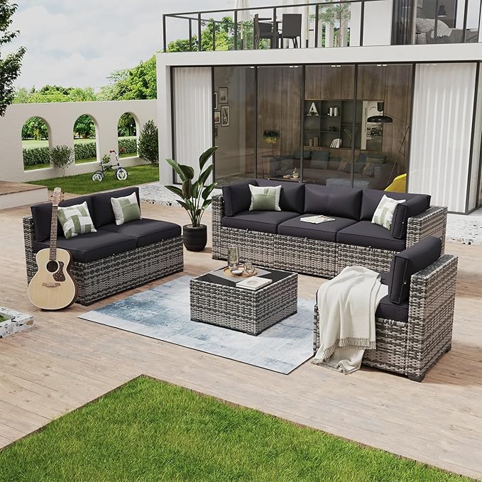 Aoxun 7 Piece Patio Furniture Set Wicker Rattan Patio Conversation Set Outdoor Sectional Sofa Set with Coffee Table and Thickened Cushions, Grey/Black(Waterproof Cover Included)