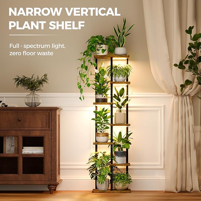 Bamworld Plant Stand with Grow Light for Indoor Plants Corner 7 Tier Metal Plant Shelf Wood Flower Stand for Home Living Room Decor Patio Decor