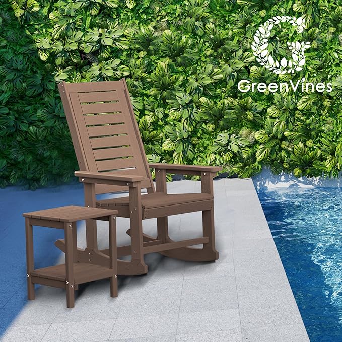 GREENVINES Outdoor Rocking Chairs | Set of 4 | Porch Rocker | HDPE Plastic | Wood Grain | Oversized Rockers | High Back | Big & Tall | Ladder Back | Dark Brown | for Patio Outside