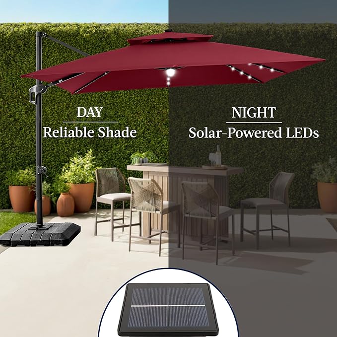 Best Choice Products 12x12ft LED Cantilever Patio Umbrella w/Base Included & 360° Rotation, Large Solar Offset Hanging Outdoor Sun Shade for Deck, Backyard Table w/Stand & Lights – Burgundy
