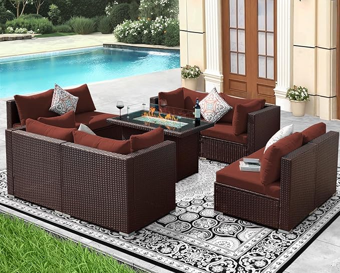 NICESOUL Modern 9 Pcs Patio Sectional Sofa Set with Fire Pit Natural Gas/Propane, Extra Large Outdoor Furniture Sets, 29.3'' High Back Deep Seats Conversations 8 Seater, Brown Rattan and Red Cushion
