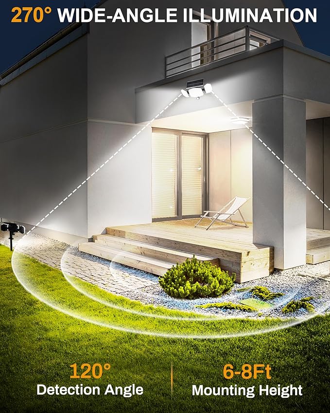 Solar Motion Sensor Outdoor Lights with Stakes, In-Ground or Wall Mount, 270° Wide Angle Illumination, 208 LED Solar Powered Security Flood Lights, IP65 Waterproof, 2 Pack