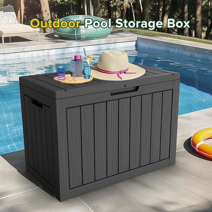 ROJIK Outdoor Storage Housing Deck Box - Waterproof Patio Furniture, Garden Tools, Cushions, Pool Accessories Storage Bench with Lockable Lid and Side Handles (Black 48 Gal)