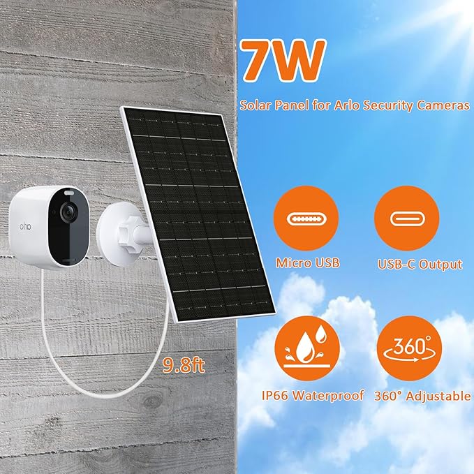 7W Solar Panel for Arlo Essential 2K (2nd Gen), Essential XL & Spotlight Cameras, USB-C Solar Charger for 5V Battery Cameras, IP66 Waterproof, 360° Adjustable Mount, 9.8ft Cable