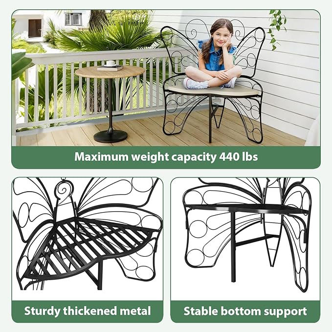 Butterfly Shaped Outdoor Bench, Black Garden Bench for Outdoor with Sturdy Stable Metal Frame, Butterfly Chair Butterfly Bench Outdoor for Garden, Yard, Balcony, Lawn (Black)