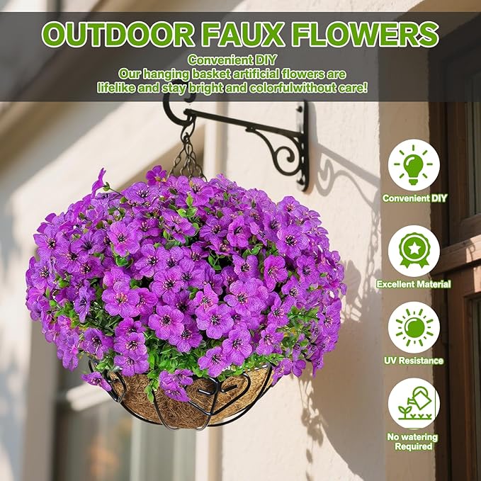 Artificial Flowers for Outdoor Indoor,Silk Flowers No Fade Fake Plastic Flowers Faux Plants for Outdoors Outside Front Porch Hanging Planter Window Box Garden Home Decoration,13 Pack(Purple)