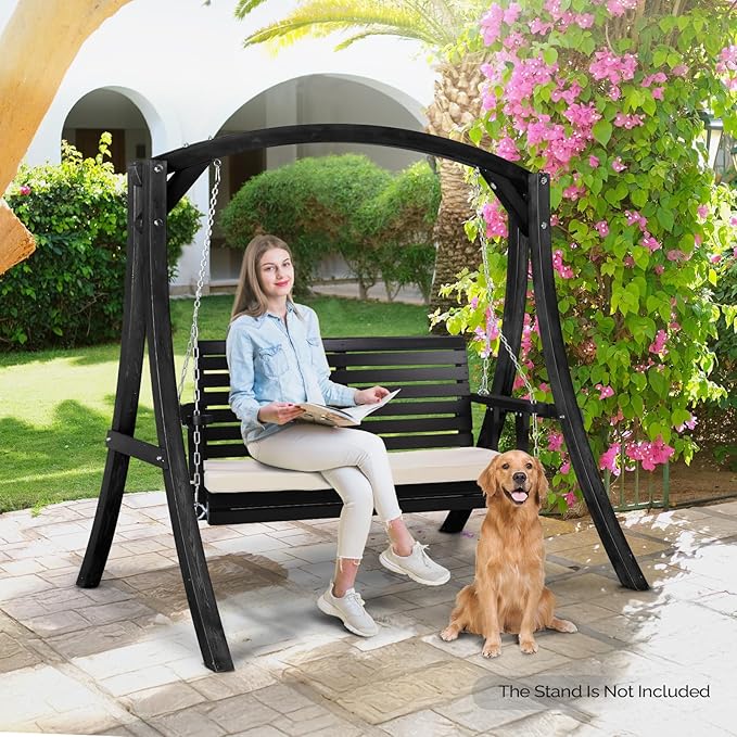 VINGLI Outdoor 4 FT Porch Swing, Heavy Duty 880 LBS Wooden Patio Swings with Cushions, Farmhouse Style Hanging Bench with Adjustable Chains for Yard | Garden | Lawn | Balcony, Black