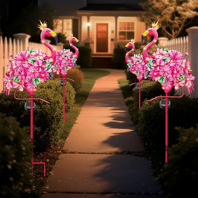 Hexagram Flamingo Yard Decor, Flamingo Solar Lights Outdoor with 2 Pack, Pink Metal Garden Solar Stake Lights, Outside Stakes Decorations for Patio Pathway Lawn