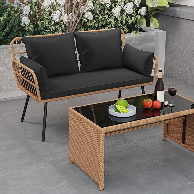 Tangkula Patio Wicker Loveseat, Outdoor Rattan 2-Seat Cushioned Sofa with Heavy Duty Metal Frame, for Backyard,Porch,Poolside (Black)