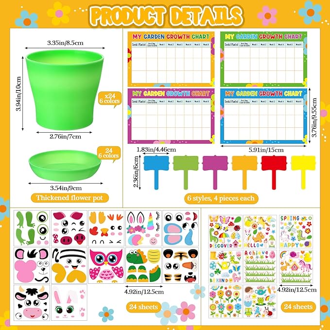 Capoda 24 Sets Garden Flower Pots Crafts Kit DIY Spring Plastic Seedling Nursery Pots with Stickers Plant Labels Growth Charts Planting Growing Tools Classroom Activities Project Gifts (Colorful)
