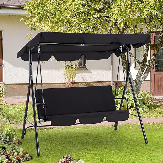 AECOJOY Porch Swing with Stand, Outdoor Swings for Adults, 3-Seat Outdoor Swing with Canopy, Outside Swing Bench with Removable Cushion, Suitable for Backyard, Garden, Yard, Poolside, Balcony (Black)