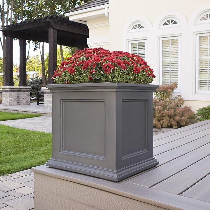 Mayne Fairfield 20-Inch Square Planter – Self-Watering, Weather-Resistant Planter for Flowers – Durable Outdoor Design for Patio, Porch, or Entryway, Graphite Grey
