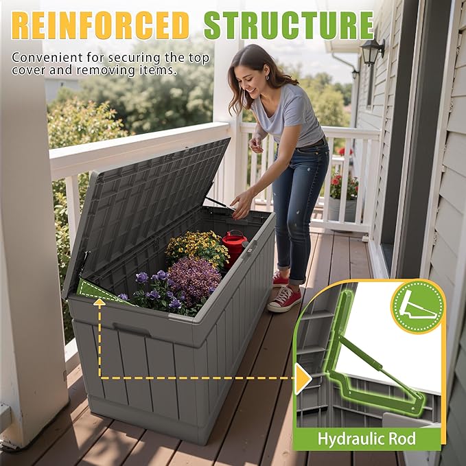 Greesum Outdoor Storage Box 82 Gallon Storage Bin with Lid for Patio Furniture, Garden Tools, Pool Supplies, Waterproof and UV Resistant, Lockable, Coffee