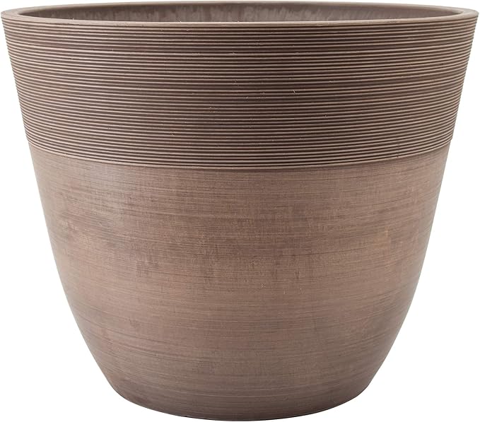 PSW Pot Collection FM30TP 12-inch Plastic/Stone/Wood Composite Large Ribbed Planter – No Drainage Hole (Drillable), Indoor/Outer Garden Pot for Foliage, Trees, Flowers, Ferns, Taupe