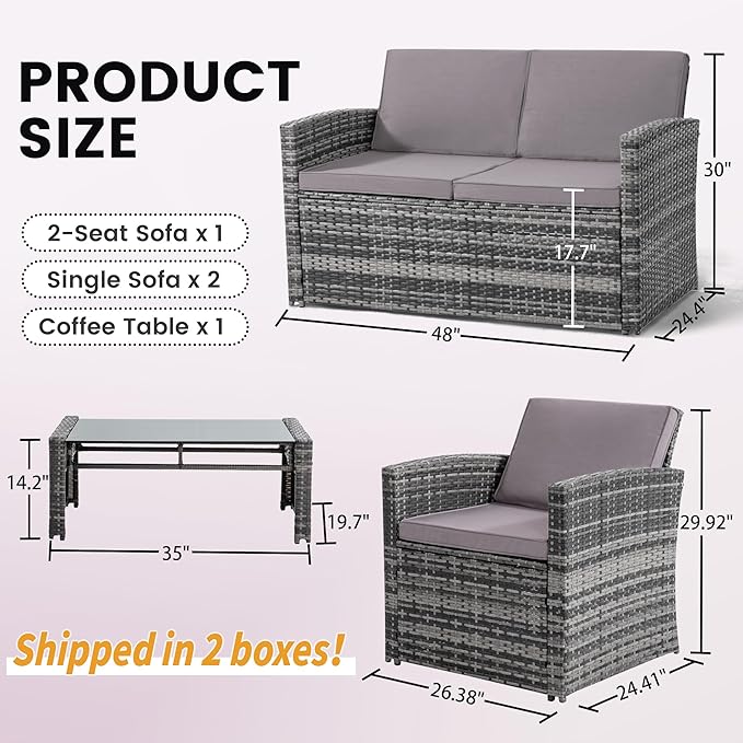 4-Piece Patio Furniture Set, Wicker Outdoor Rattan Sectional Sofa with Cushions and Glass Table, All-Weather Outdoor Conversation Set, Ideal for Garden, Porch, Backyard, Grey