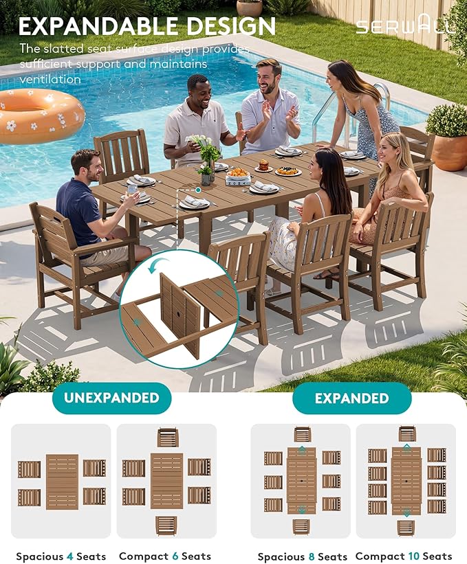 SERWALL 9-Piece Outdoor Dining Set, 60" - 83" Expandable Outdoor Dining Table and 8 HDPE Chairs, All Weather HDPE Outdoor Furniture Set for Backyard, Garden, Brown