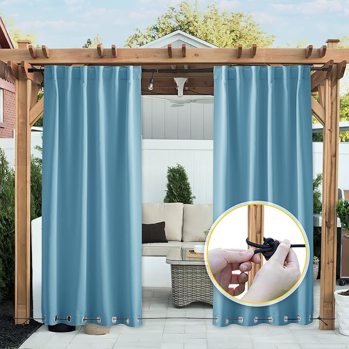 NICETOWN 2 Panels Gazebo Curtains Outdoor Waterproof & Windproof, Top and Bottom Grommet with Back Tab Wind-Break Outdoor Dividers Blackout Blinds with Fixed Rope for Patio, W52 x L84, Light Blue