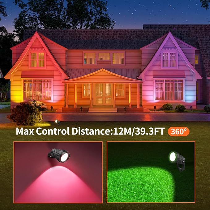 12W LED Landscape Lights Low Voltage, RGBW Color Changing 12V AC/DC Waterproof Outdoor Spotlights with Remote Control, IP65 Garden Pathway Lights with 8 Spike Stands for Christmas Decorative(8 Pack)