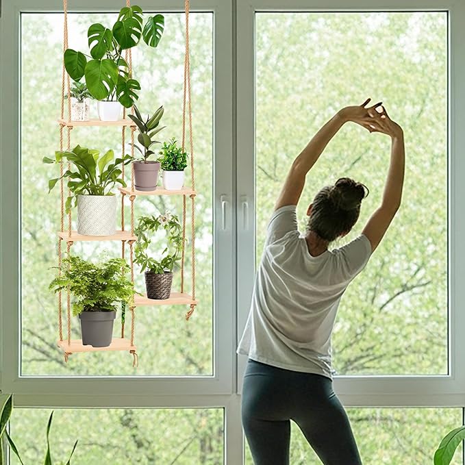 Novabright Window Hanging Plant Shelf with Wooden Shelves Macrame Rope Hanging Plant Stand with 3 S Hooks for Indoor Outdoor Bedroom Window Sill Balcony Boho Decor (Natural Wood Color,1 Pcs)