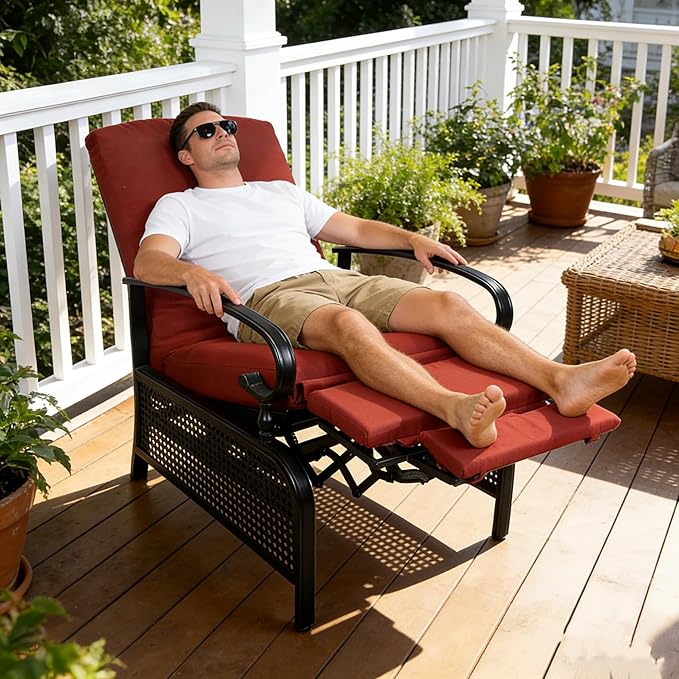 Kozyard Adjustable Outdoor Reclining Lounge Chair, Cushioned Patio Chaise Lounge with Extendable Metal Frame for Sunbathing, Reading & Relaxing – Comfortable Outdoor Recliner(Burgundy)