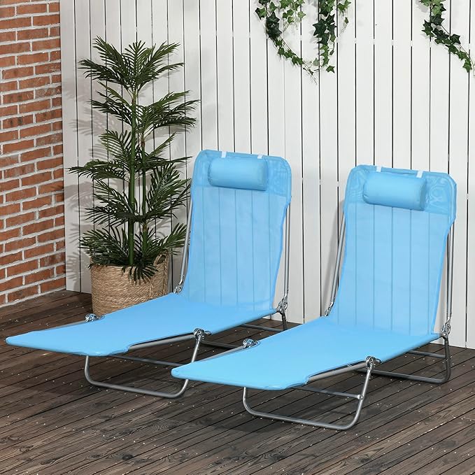 Outsunny 2 Piece Folding Chaise Lounge Chairs, Pool Sun Tanning Chairs with Reclining Back, Breathable Mesh Seat, Headrest for Beach, Yard, Patio, Blue