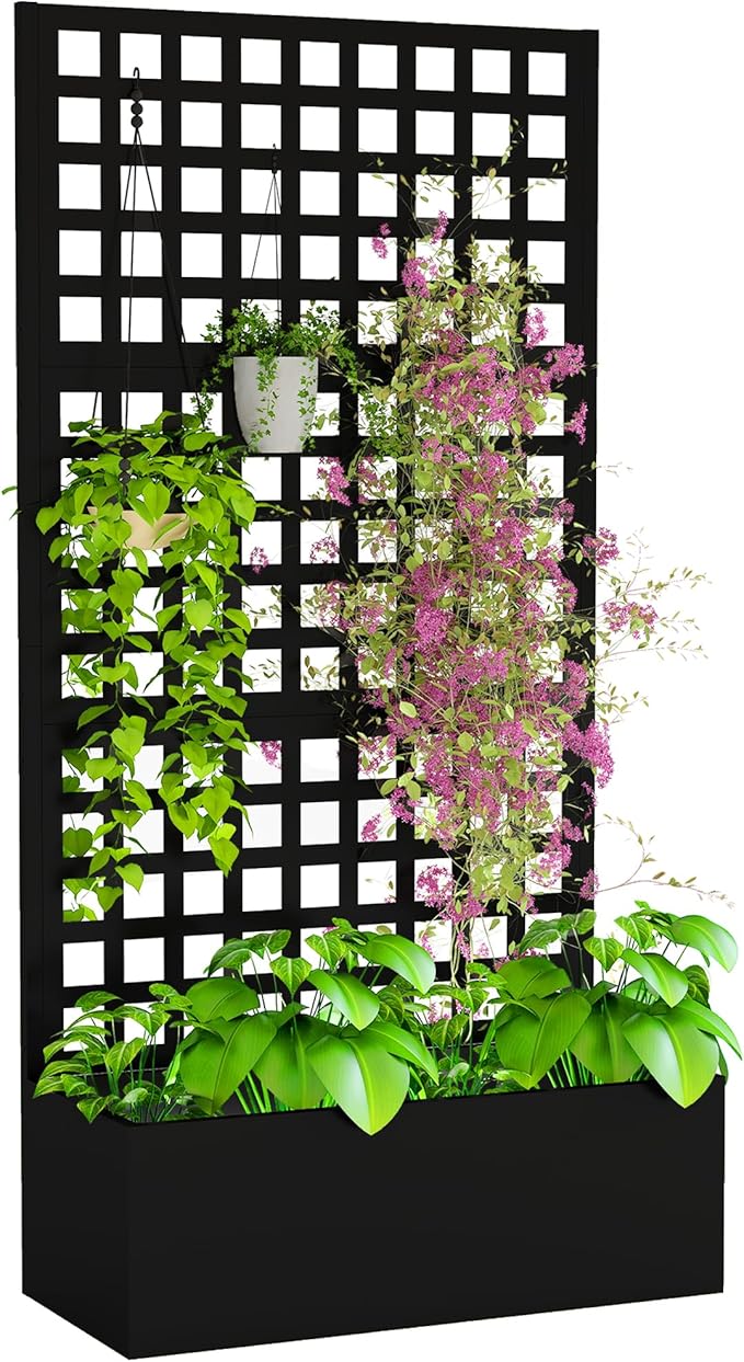 Outsunny Galvanized Raised Garden Bed with Trellis, Metal Planter Box with Drainage Holes, Outdoor Privacy Screen for Climbing Plants, Vegetable, Vines, 35" x 16" x 70", Black