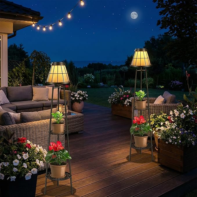 2 Pack 45.5'' Outdoor Floor Lamps with 2 Tier Plant Stand, Solar Powered Metal Waterproof Lights for Patio Deck Yard Garden Porch Decor