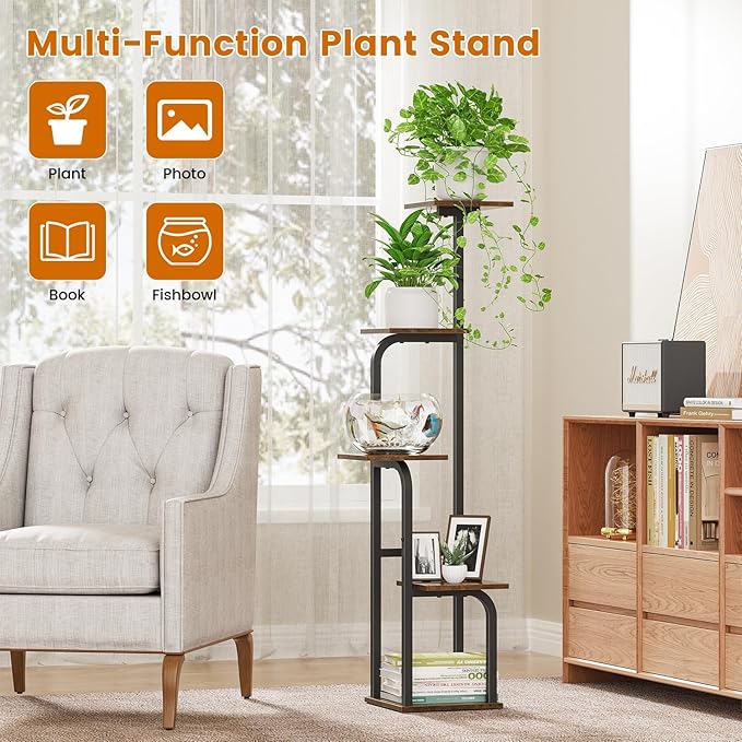 5 Tier Plant Stand Indoor, Plant Shelf for Multiple Plants, Flower Pot Holder Shelf, Planter Display Rack for Patio Garden Balcony Living Room Bedroom Decor, Rustic Brown