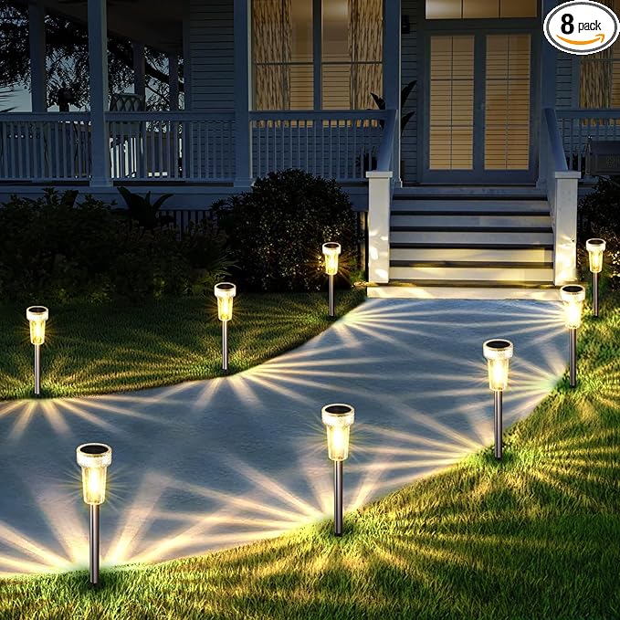 Mancra Solar Lights Outdoor Waterproof, 8 Pack Stainless Steel Tungsten Bulb Solar Pathway Lights Waterproof Garden Decor for Path Yard Lawn Walkway Driveway