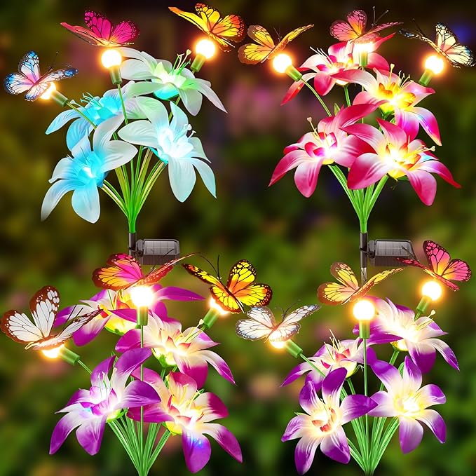 Garpar Solar Lights Outdoor Decorative, Upgraded 4 Pack Flowers with 16 Color Changing Lilies and 12 Butterflies, Brighter Waterproof Garden Decor for Yard Lawn Pathway, Gift for Mom Women Grandma