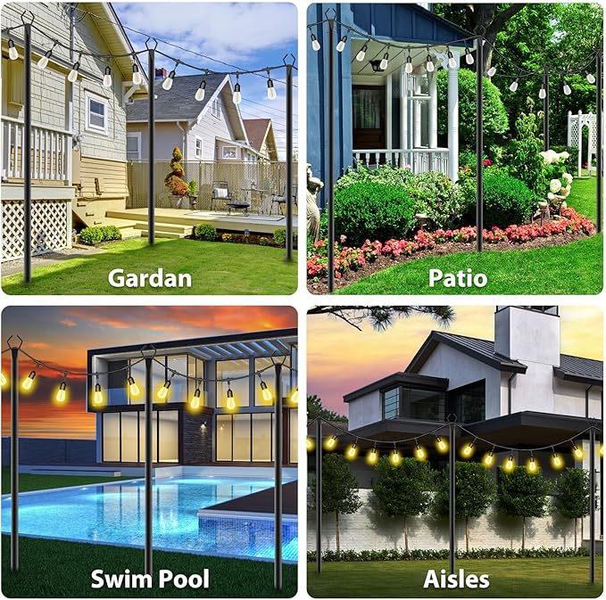 10Ft String Light Poles 4 Pack,Light Poles for Outside Lights,Outdoor with Fence Brackets Hanging Lights,Metal Stand Deck Patio Backyard