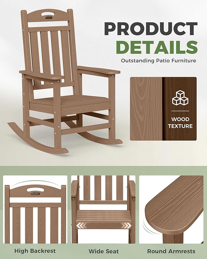 Oversized Rocking Chair Outdoor, High Back Porch Rocker Chair, HDPE All Weather Resistant Rocking Chairs for Patio, 386lbs Weight Capacity, Teak