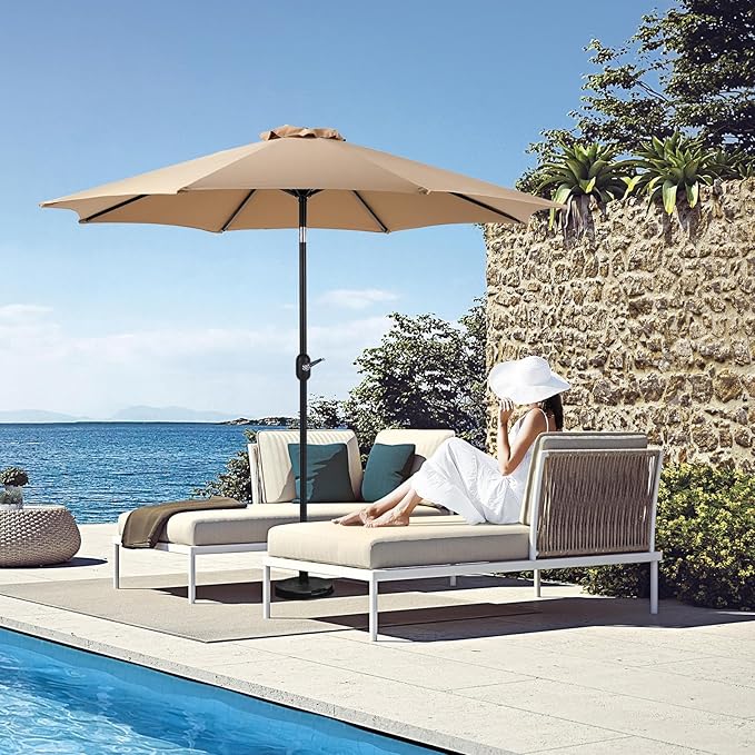 OLIXIS 9ft Patio Umbrella with Tilt and Crank Button & 8 Sturdy Ribs Waterproof, Patio Table Umbrella Perfect for Poolside, Terrace, Beach and Outdoor Restaurant, Brown