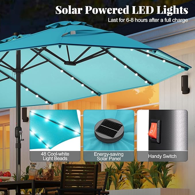 Tangkula 11 Pieces Rattan Outdoor Dining Set with 15Ft Solar Patio Umbrella for 8, Outdoor Wicker Table Set with 8 Cushioned Chairs, Acacia Wood Top, Outdoor Umbrella with Base Included