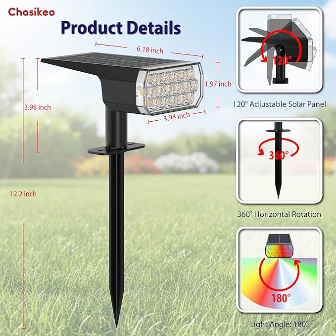 Solar Lights Outdoor Waterproof, 3 Lighting Modes Solar Spot Lights Outdoor, LED Solar Spotlights, Ultra Bright Dusk-to-Dawn Uplights for Garden, Landscape, Yard, Pathway, IP65, Auto On/Off