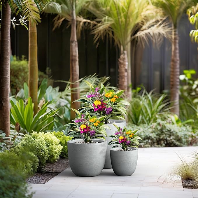 Kante 18",14",10" Dia Concrete Round Planters (Set of 3), Outdoor Indoor Large Planter Pots with Drainage Hole and Rubber Plug for Home Patio Garden, Natural Concrete