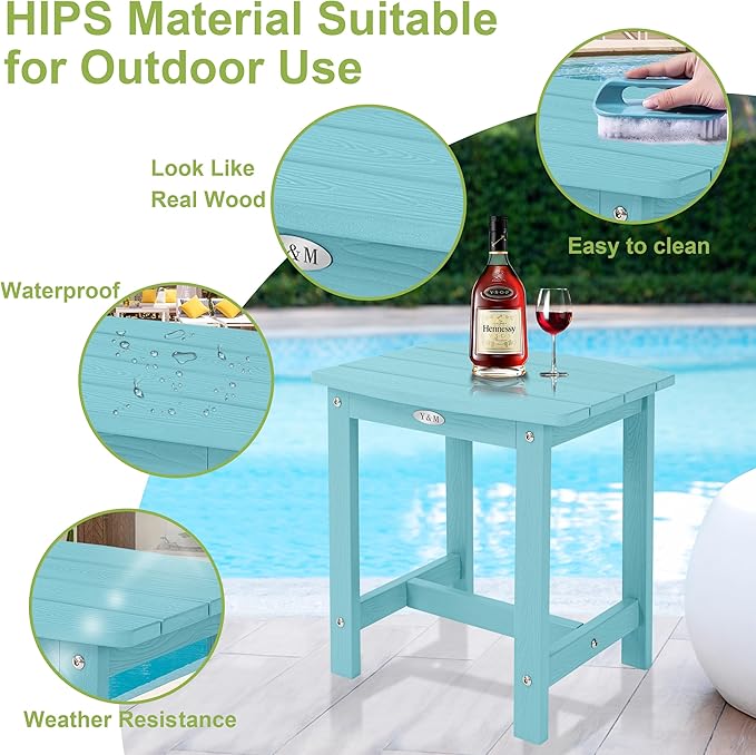 Y&M Outdoor Side Table, HIPS Adirondack Small Single Table, Waterproof Square Outside Table, Balcony Modern End Tables for Patio, Pool, Beach, Porch, Deck, Indoor or Outdoor Use, Light Blue