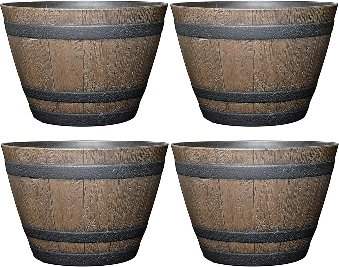 Classic Home and Garden Whiskey Plastic Resin Flower Pot Barrel Planter, Walnut Brown, 20.5" (Pack of 4)