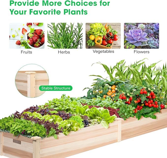 VIVOSUN 8×2Ft Wooden Raised Garden Bed, 97 x 25 x 11 Inches, Outdoor Wood Planter Box with Gloves and a Liner for Garden, Patio, Balcony, Backyard and Outdoors