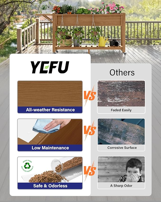 YEFU Raised Garden Bed with Legs: 57x18x30in Weight Capacity 400lb - Waterproof Raised Planter Box with Wheels - Elevated Garden Bed with Storage Shelf - Weather Resistant - for Deck/Patio/Porch/Teak