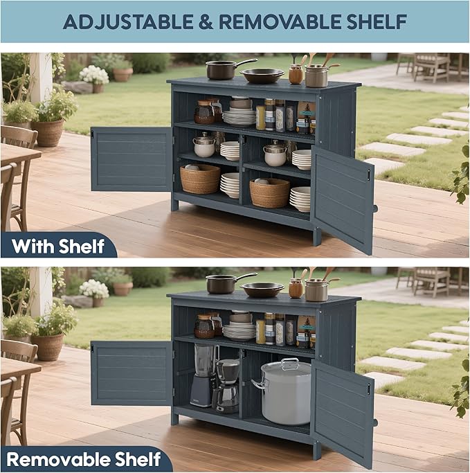 HIPS All-Weather Outdoor Storage Cabinet,Outdoor Sideboard with Magnetic Doors,3-Shelves Patio Storage Cabinet, Used for Garden,Buffet Cabinet,TV Stand, Bar Table,Balcony