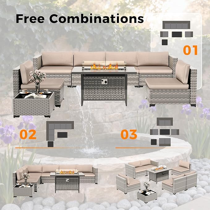 12-Seat Modern Outdoor Wicker Rattan Patio Furniture Set with 55,000 BTU Fire Pit Table, Thick 4″ Cushions, All-Weather Dual-Strand Rattan, Rust-Resistant Steel Frame,Beige