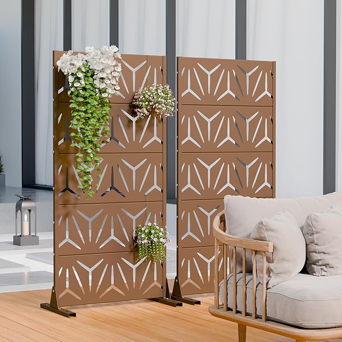 Casaphoria Metal Privacy Screen Outdoor, 60" H x 30" W Freestanding Decorative Privacy Screen for Patio Deck Balcony Garden with Stable Base, Brown-Star